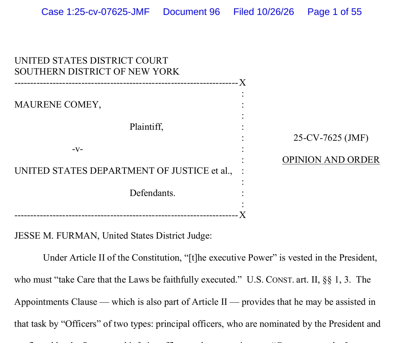 First page of Judge Furman’s opinion and order, filed Oct. 26, 2026.