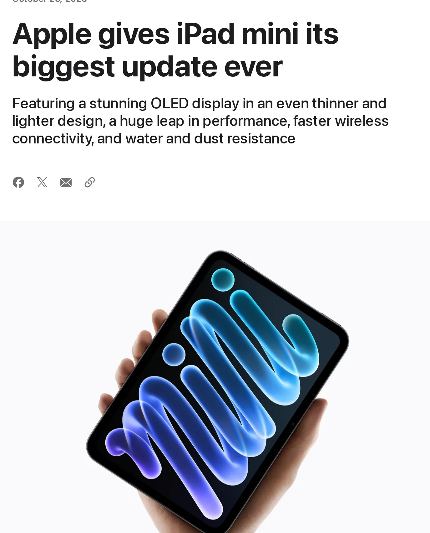 Apple’s press release announcing the new iPad mini, Oct. 26, 2026.